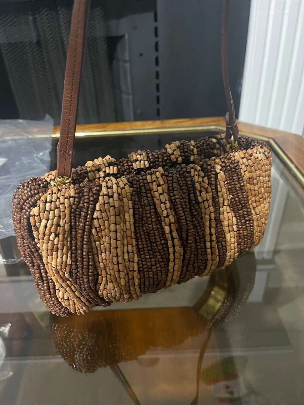 STAUD Beaded Tube Clutch in Light Brown & Dark Brown